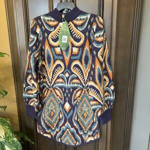 Farm Rio Pineapple Ikat Blue Long Sleeves Crewneck Knit Mini Dress